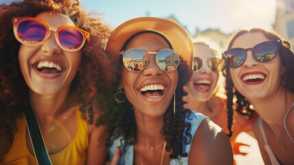 Group of happy young friends with sunglasses enjoying summer in the city.