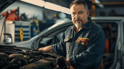 Fototapeta na wymiar A seasoned mechanic working on a car engine in an automotive repair shop.