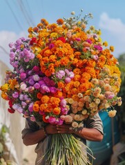 Overflowing with Vibrant Blooms: A Man Embraces a Bountiful Bouquet of Colorful Flowers
