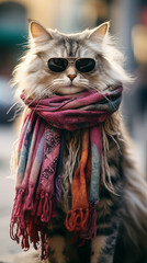 Stylish cat wearing sunglasses and scarf. Generative AI