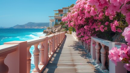 Fototapeta na wymiar A beautiful walkway along the seaside with vibrant pink flowers and a scenic ocean view.