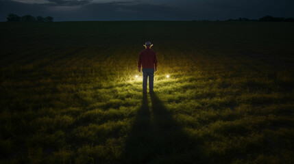 Man standing in field at night. Generative AI