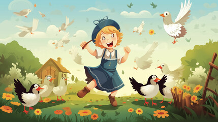 Little girl in blue dress surrounded by birds. Generative AI