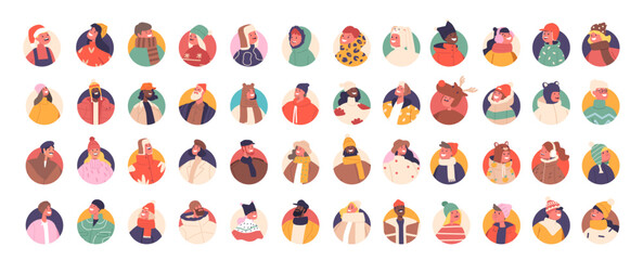 Cartoon Characters in Winter Clothes Avatars Set Features People Dressed In Cozy Attire Such As Coats, Scarves, And Hats - obrazy, fototapety, plakaty
