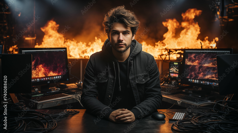 Poster man sitting at desk typing on keyboard. generative ai