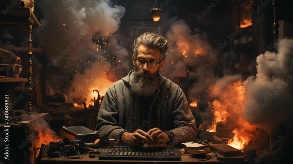 Poster man sitting at desk typing on keyboard. generative ai