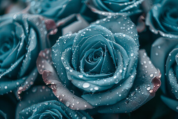 Beautiful artistic wallart of bunch of blue roses with drops of water full frame