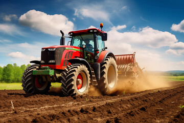 Tractor drilling seeding crops at farm field - obrazy, fototapety, plakaty