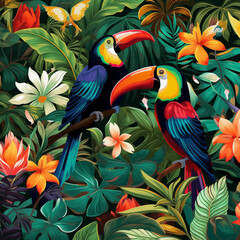 Two parrots perched on branch. Generative AI