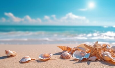 Fototapeta na wymiar Vacation summer holiday travel tropical ocean sea panorama landscape. Close up of many seashells, sea shell on the sandy beach, Generative AI