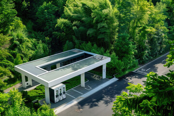 Fototapeta na wymiar A modern hydrogen refueling station surrounded by lush greenery