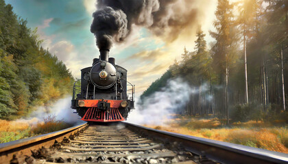 Front and bottom view of an old steam train locomotive in motion on a landscape with forest, black smoke, and landscape motion blur. Generative Ai. - obrazy, fototapety, plakaty