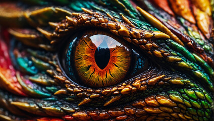 Close-up of Vibrant Dragon Eye. Detailed macro shot of a colorful dragon's eye, capturing the intricate textures and vivid colors.