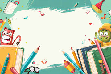 Back to school vector characters background template with funny education cartoon mascots like pencil and book and white space for text