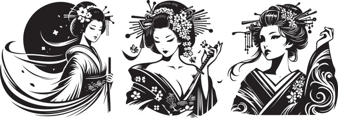 beautiful japanese woman, geisha portrait - obrazy, fototapety, plakaty