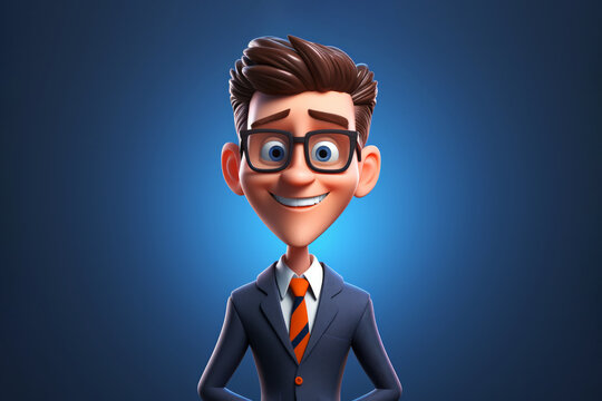 Portrait of happy smile laughing cartoon character office businessman man person wearing suit and tie in 3d style design on blue background. Human people feelings expression concept