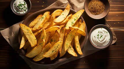 Potato chips with dipping sauces on a rustic table. Photographed from directly above