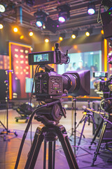 TV Studio live broadcasting.Recording show.TV NEWS program studio with video camera lens and lights.Positioned stage big professional broadcasting camera with headphones