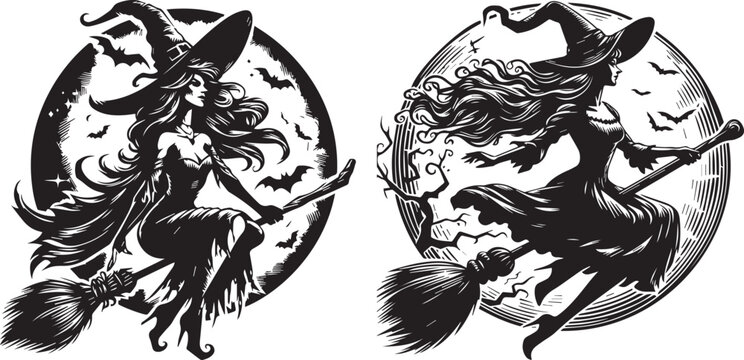 witch on a broom, black and white vector graphics