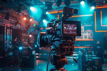 TV Studio live broadcasting.Recording show.TV NEWS program studio with video camera lens and lights.Positioned stage big professional broadcasting camera with headphones - obrazy, fototapety, plakaty