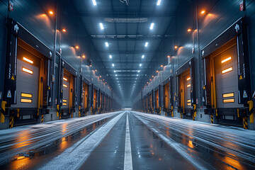 Modern, illuminated warehouse with multiple loading docks and a polished, reflective floor. - obrazy, fototapety, plakaty