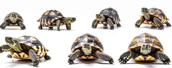 Animals reptiles pets greek tortoises banner panorama long. Collection of funny cute greek tortoise (tortoise) , isolated on white background, Generative AI