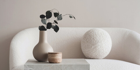 Modern minimal design interior with white sofa and trendy vase, Home staging and minimalism...
