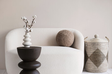 Fototapeta na wymiar Modern scandinavian style interior with sofa and trendy vase, Home staging and minimalism concept, Minimal interior design