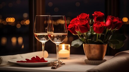 Romantic dinner setting with a rose and champagne glasses