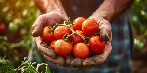 Agriculture tomato vegetables harvest background. Close up of hands of farmer carrying ripe tomatoes. Generative AI - Powered by Adobe