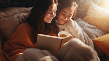 Soft photo of two  sisters  on the bed with old books and cup of tea in hands wearing cozy sweater , top view point. Two best friends enjoying morning