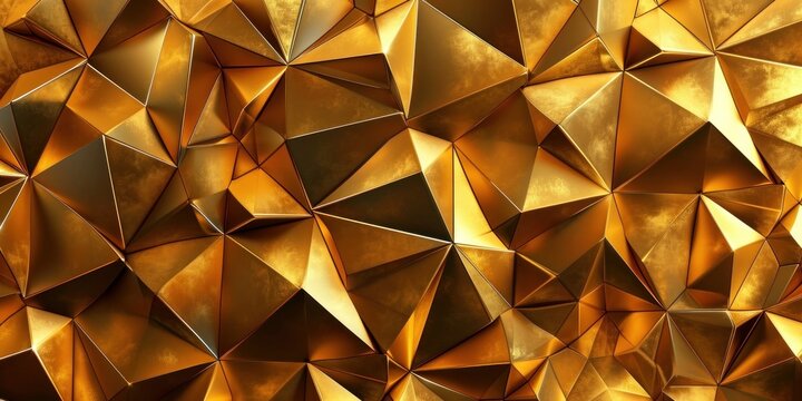 Abstract wide gold metallic texture with geometric triangular 3d triangles pattern wall background banner illustration, textured backdrop for design web. Generative AI