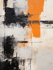 A dynamic abstract painting featuring vibrant orange and deep black colors, creating a striking contrast and energy on the canvas.