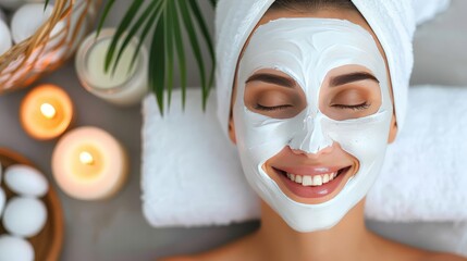 Smiling woman applying face mask in front of bathroom mirror for skincare treatment at home
