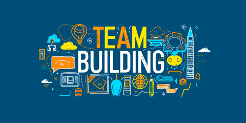 Colorful team building concept illustration with icons and elements on a blue background.