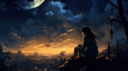 Fototapeta premium Silhouette of a girl looking at the moon, orange and blue wallpaper