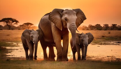 African Elephant Family of Five at Sunset - obrazy, fototapety, plakaty
