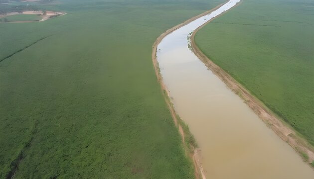 Aerial view of an irrigation canal that cuts through rural farmland. Top view of eucalyptus forest in Thailand
