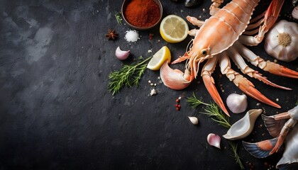 Assortment of different seafood with garlic, herbs and spices. On dark rustic background - obrazy, fototapety, plakaty