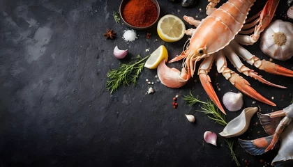 Foto op Canvas Assortment of different seafood with garlic, herbs and spices. On dark rustic background © Gutium
