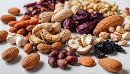 assorted nuts and dried vegetables on a light background side view
