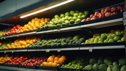 Fresh and clean healthy fruits and vegetables on a shelf in a supermarket background - obrazy, fototapety, plakaty