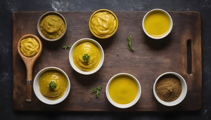 Assortment of different types of mustard with lemon on a cutting Board