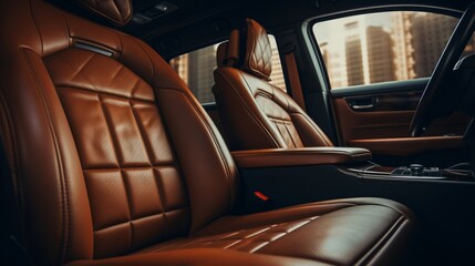 Close-up of premium leather car seats with luxury detailing in an elegant vehicle interior.