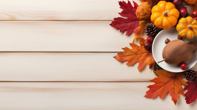 Thanksgiving day concept. Top view photo of plate cutlery fork knife napkin rowan maple leaves pine cones acorns pumpkins and cinnamon sticks on isolated white wooden table background with copyspace