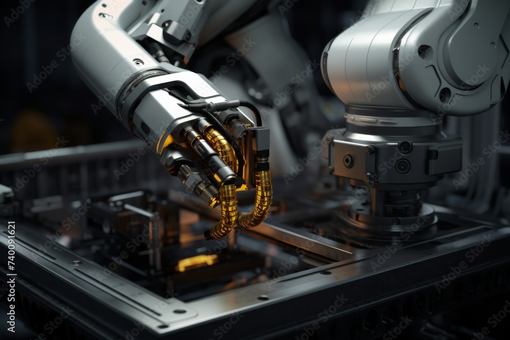 Poster robotic arm performing precision tasks in a high-tech industrial laboratory.