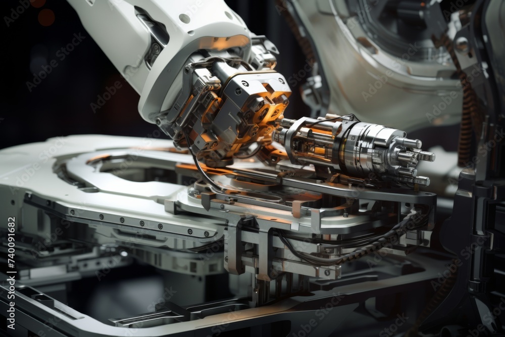 Poster robotic arm performing precision tasks in a high-tech industrial laboratory.
