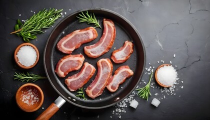 Bacon in a frying pan with salt and herbs. On a stone background