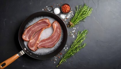 Bacon in a frying pan with salt and herbs. On a stone background - obrazy, fototapety, plakaty