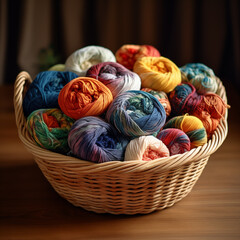 Fototapeta na wymiar Basket full of colorful yarn balls, ready to use for crochet or knitting